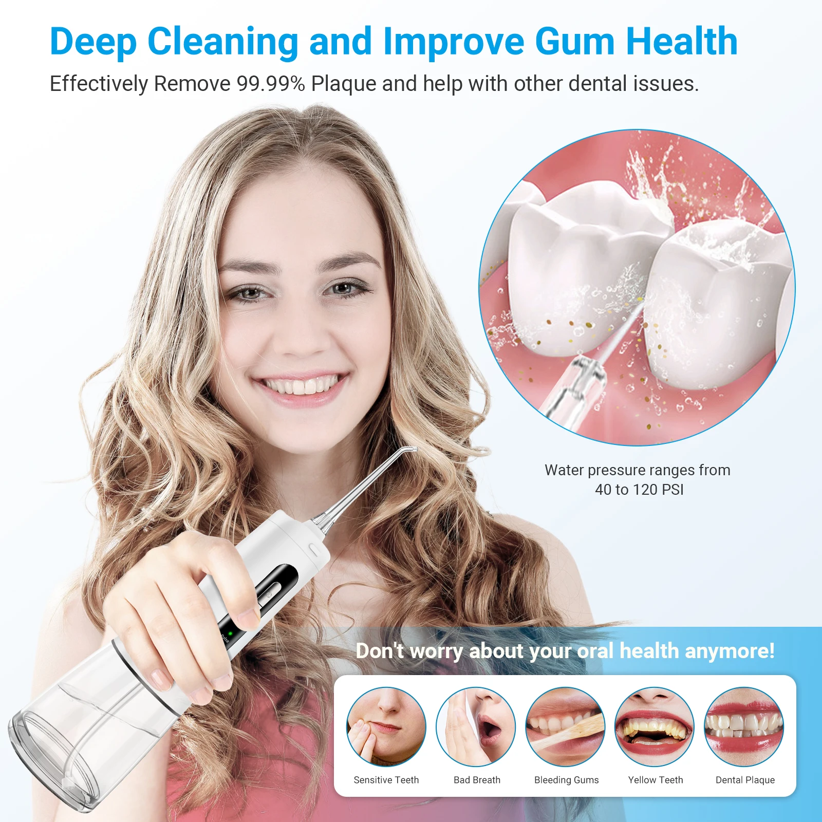 Producto más vendido, limpiador inalámbrico impermeable recargable, irrigador de hilo dental de agua Oral portátil para dientes