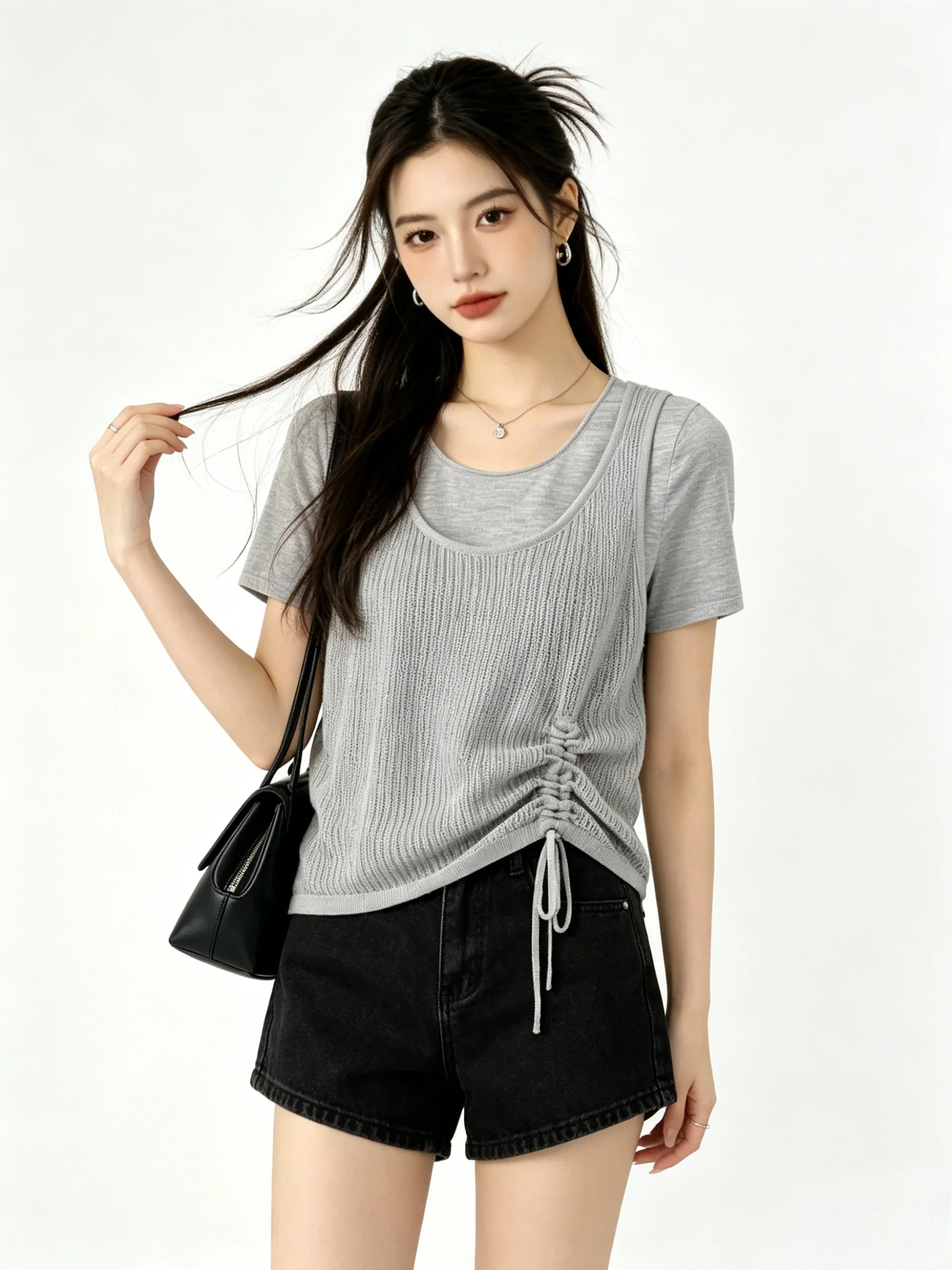 Skin-friendly Breathable Drawstring Short Sleeve T-shirt Summer Commute Loose round Neck Light Grey Top Fake Two-pieced Women...