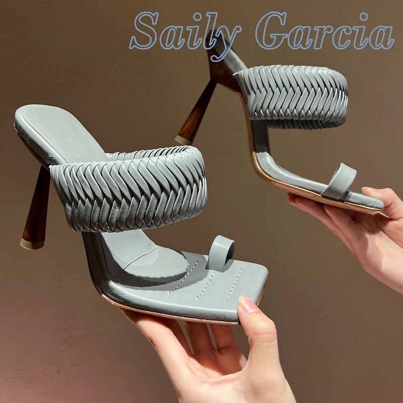 PU Leather Wide Pleated Sewing Stiletto Wooden Heels  Slippers Square Toe Solid Unique 2024 Woman Catwalk Summer  Ladies Shoes