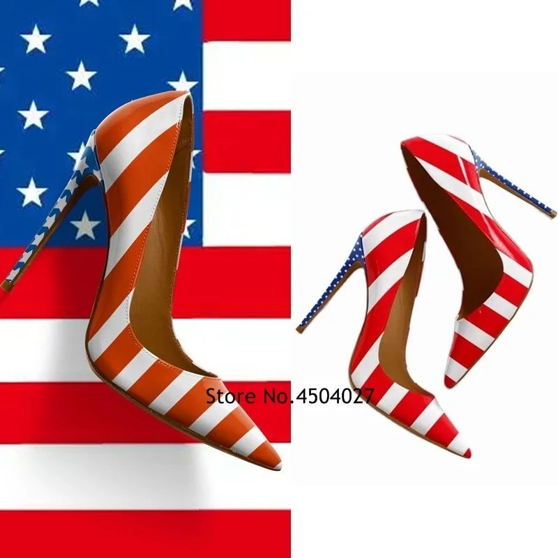 Red White Stripe Print Patent Leather Pointed Toe Elegant Woman Heels Slip-on High-heeled Party Pumps Women Shoes Offers