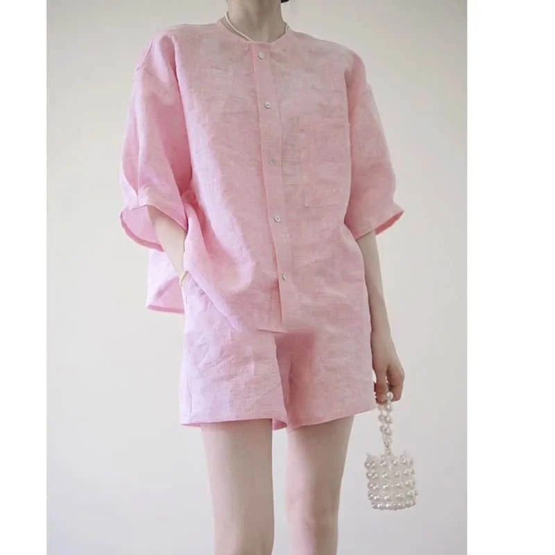 

Solid Shorts Sets Cotton Linen Loose Korean Style Half Sleeve Shirts and Elastic Waist Short Pants Two Piece Sets Women Outfits