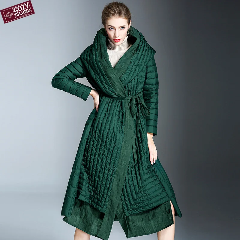 

Women Hooded White Duck Down Coats Winter Jacket Korean Style Mid-length Thickened Puffer Overcoats Green Clothing Lace-up Solid