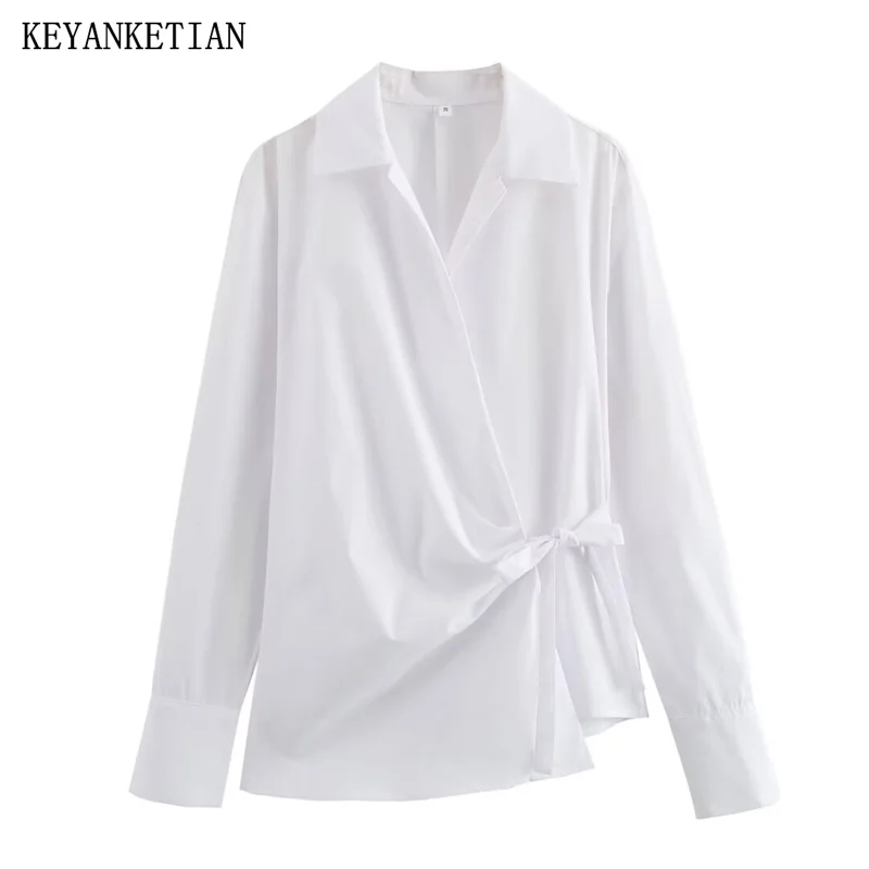 KEYANKETIAN 2024 New Launch Women's Front Knot White Shirt Office Lady Turn Down Collar Long Sleeve Casual Blouse Chic Thin Top