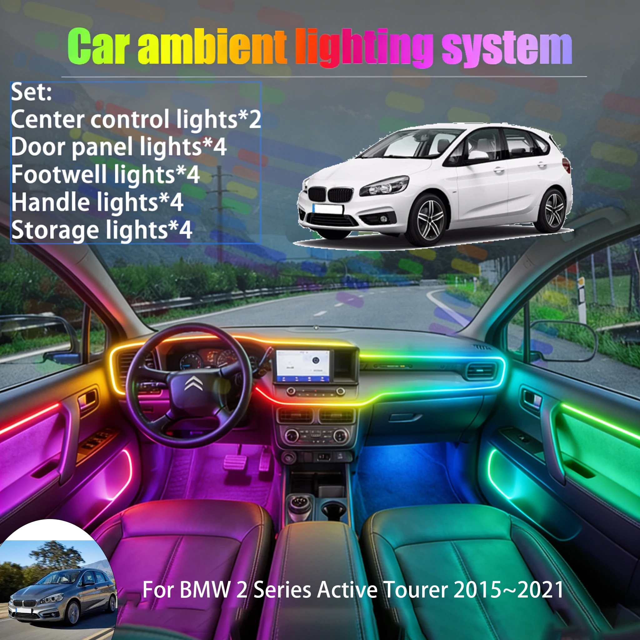 

Для BMW 2 Series Active Tourer 2015~2021: 2/18-канальная светодиодная подсветка салона и багажника, USB RGB-подсветка, комплект Streamer.