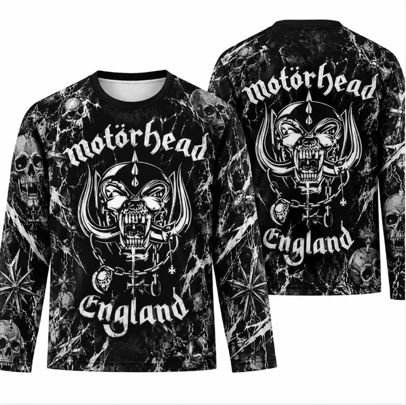 2026 New Motorhead Warpig England All Over Print Long Sleeve T-shirt Black Marble Skull Pattern Heavy Metal Rock Crewneck Tee