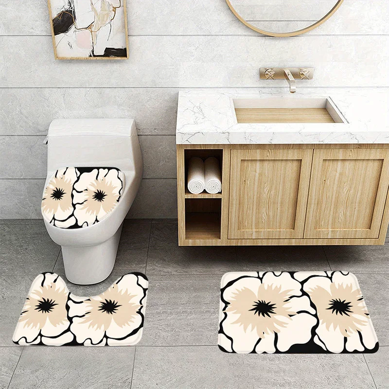 3Pcs Modern Floral Flannel Bath Mat Non Slip Highly Absorbent Toilet Rug for Bathroom Kitchen Bedroom Entryway Washable Decor