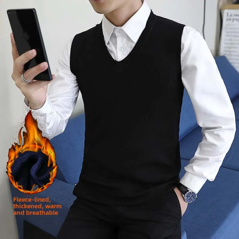 

Men's Knitted Vest Winter Faion Woolen Sweater Vest Svel Fce Lined Overhead Coat V-Ne Thiened Polyester Fiber
