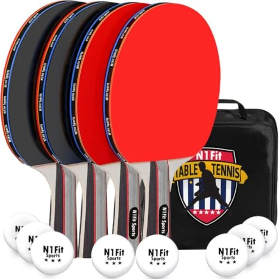 

Ping Pong Paddles - Set of 4 High-Performance 5-Ply Rackets, 8 Professional 3-Star Table Tennis Balls, Portable Storage Case fo