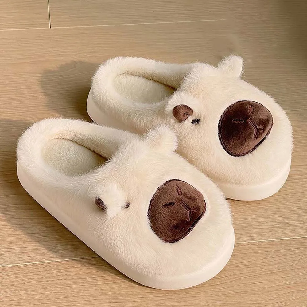 

Comfortable Soft Capybara Furry Slippers EVA Anti-slip Cartoon Cotton Slippers Solid Color Plush Warmer Home Cotton Shoes Women