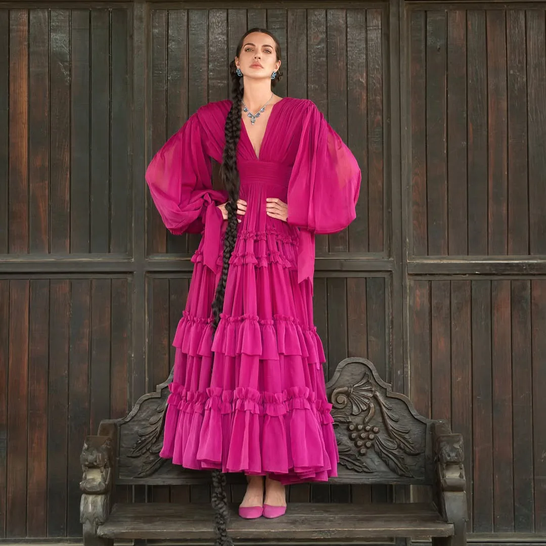

Eye-catching Fuchsia Chiffon Summer Maxi Dress Lantern Sleeve Ankle Length Party Gown Deep V-Neck Sheer Mesh Prom Gown Vestidos