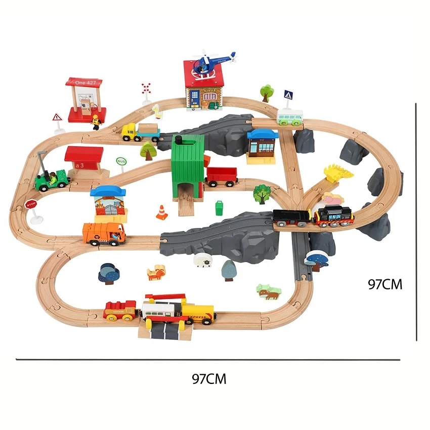 팜 트랜스포트 트랙 세트 기차 트랙 및 자동차 기차 전기 자동차 어린이 퍼즐 장난감 선물 나무 1:64 Pd09 호환