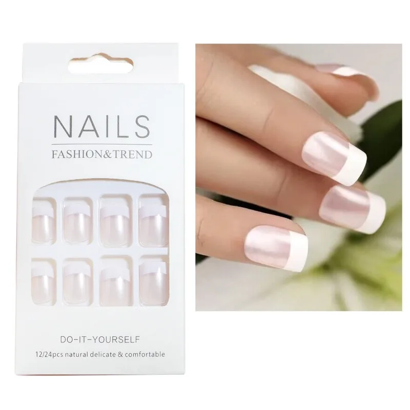 24 pçs simples arte do prego imprensa em unhas conjunto completo para meninas encantos curto branco francês barato unhas falsas conjunto com cola para mulher 2024