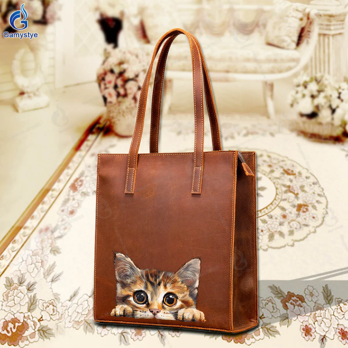

Art Print CUTE CAT PET Customize Totes Real Cowskin Leather Shoulder Bags Sac De Luxe Femme Luxury Bags Women