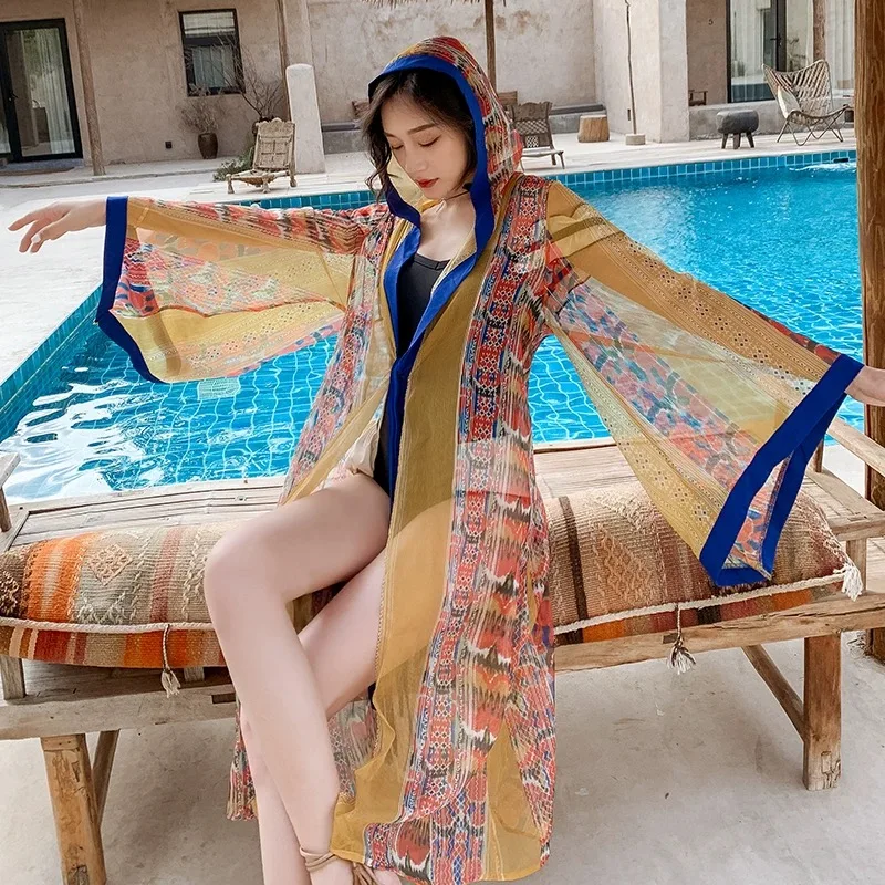 

Women Vintage Sunscreen Long Sleeve Print Boho Beach Sun-Proof Dress Beachwear Holidays Travel Hooded Thin Summer Cover-Ups