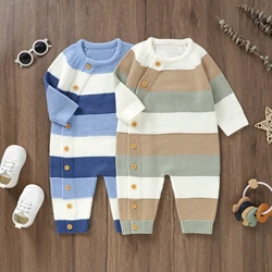 Baby Girl Boy Sweater Romper Autumn Winter Striped Crew Neck Long Sleeve Full Length Jumpsuit For Newborn Clothes