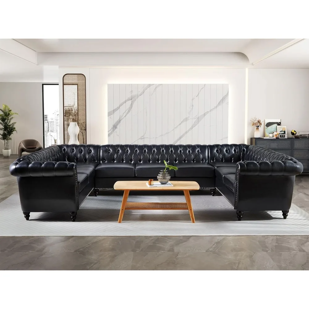 

U-Shaped Sofa Sectional Leather Faux Couch 9-Seater Upholstered Large Accent Tufted Sofa with Rolled Armrest and Nailhead Design