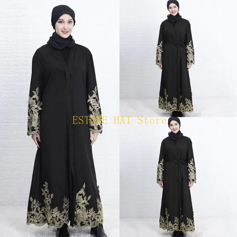 49MF Women Muslim Long Sleeve Maxi Dress Abaya Robe Embroidery Floral Dubai Kaftan