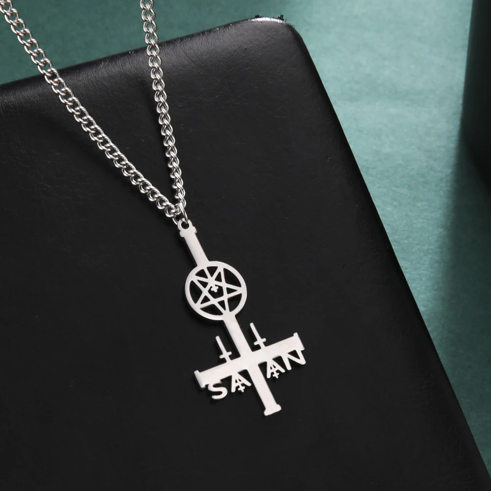 Inverted Cross Pentagram Round Pendant Necklace for Women Stainless Steel Cuban Chain Necklace Fashion Jewelry Gift