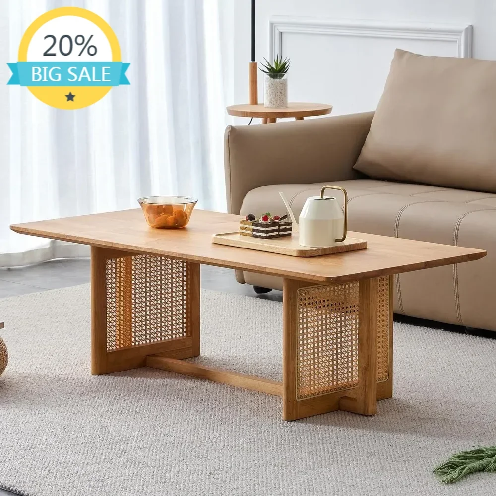 

BestsellerBestsellerMid Century Modern Wood Coffee Table with PE Rattan Stand, 47 Inch Rectangular Solid Wood Boho Coffe Table,