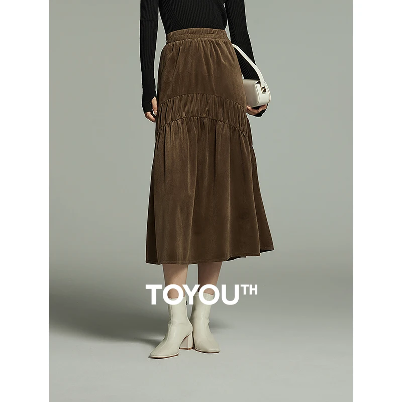 

Toyouth Women Leather Velvet Skirt 2023 Winter Elastic Waist A-shaped Loose Pleated Stitching Design Retro Fashion Long Skirt