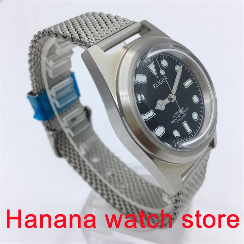 BLIGER 38mm caja esmerilada cúpula AR vidrio recubierto Vintage esfera luminosa negra 24 gemas NH35A PT5000 reloj mecánico automático para hombre