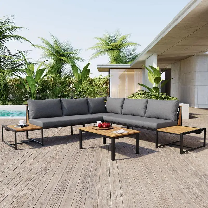 

4-Piece Outdoor Loveseat Sofa Set with Waterproof Cushions, Durable Iron-Wood Design for Garden, Backyard, and Poolside - Gray