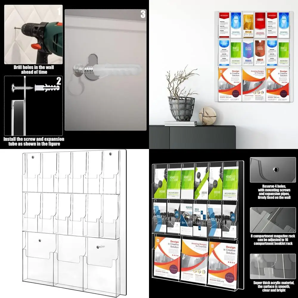 

Clear Acrylic Wall-Mounted Brochure Holder, 3 Magazine and 12 Pamphlet Pockets, Literature Storage Organizer