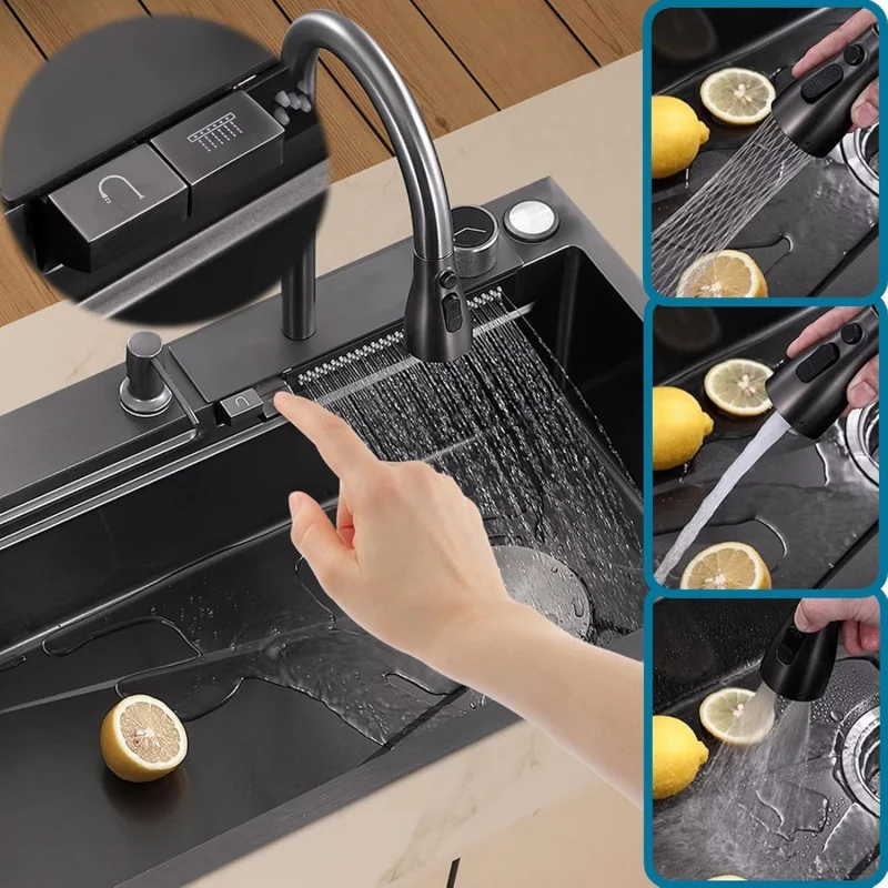 

(GGU) Пистолет для кухонной мойки Waterfall, серая, одинарная чаша из нержавеющей стали с различными аксессуарами (85*45 см), TQ