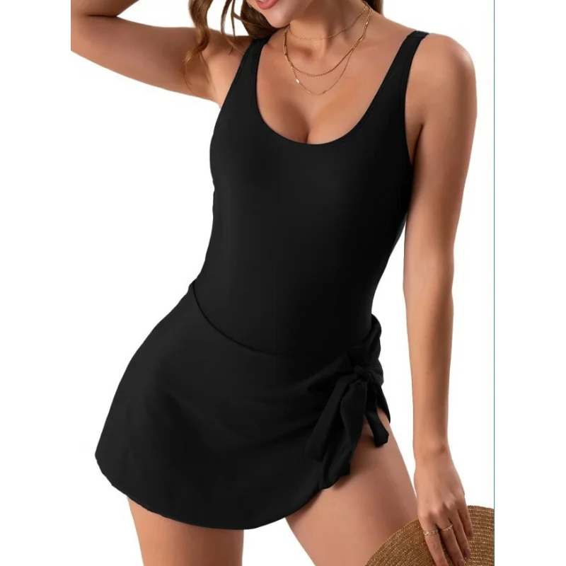 Monochrome black Pleats Bikini one-piece swimsuit for women, Large size swimsuit, Holter pleats Slim Belly control skirt, Monoki