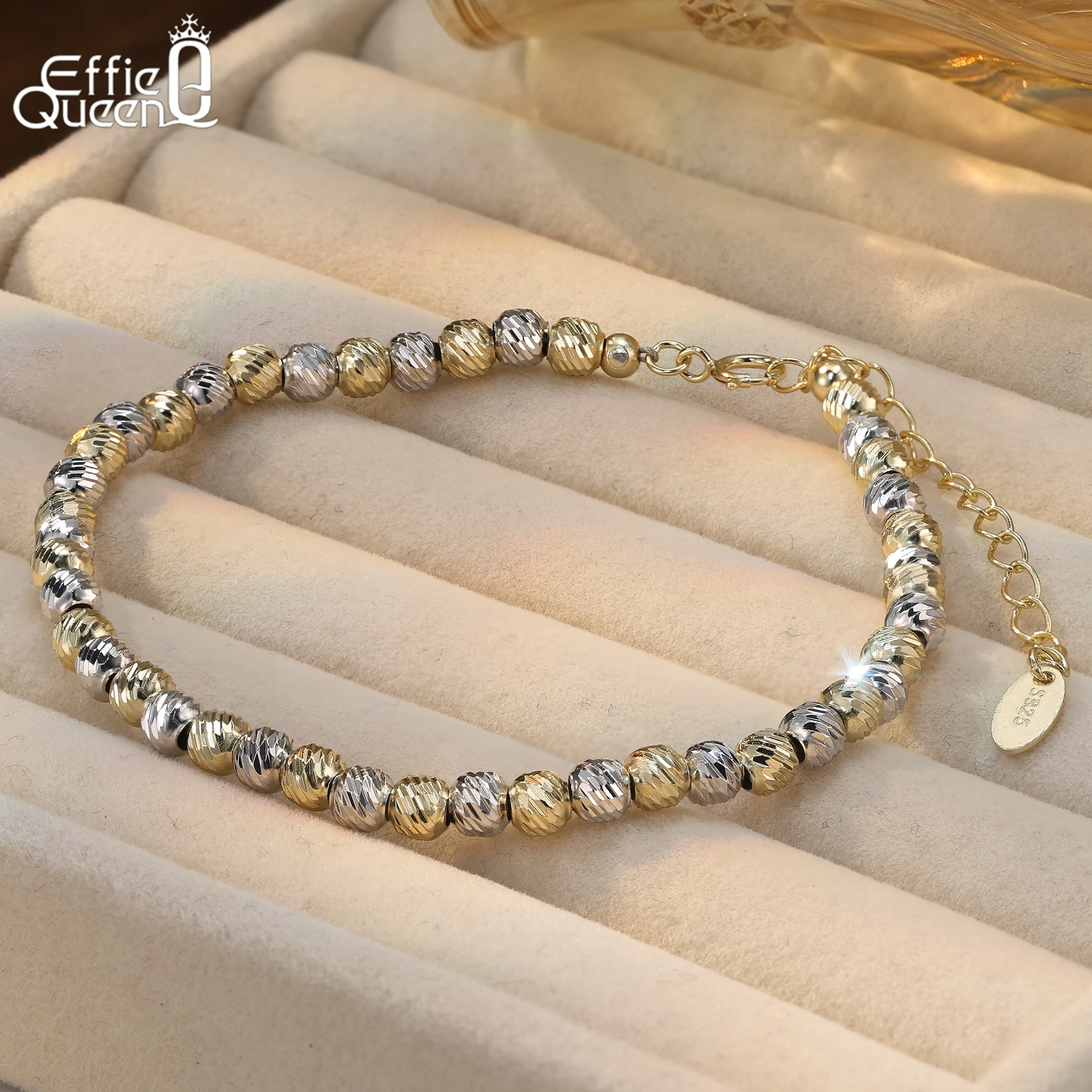 

EFFIE QUEEN S925 Silver 14k Gold Twill Beads Ball Chain Bracelet Luxury Jewelry for Women, Men's Bracelet Hand Chain Gift GAB03
