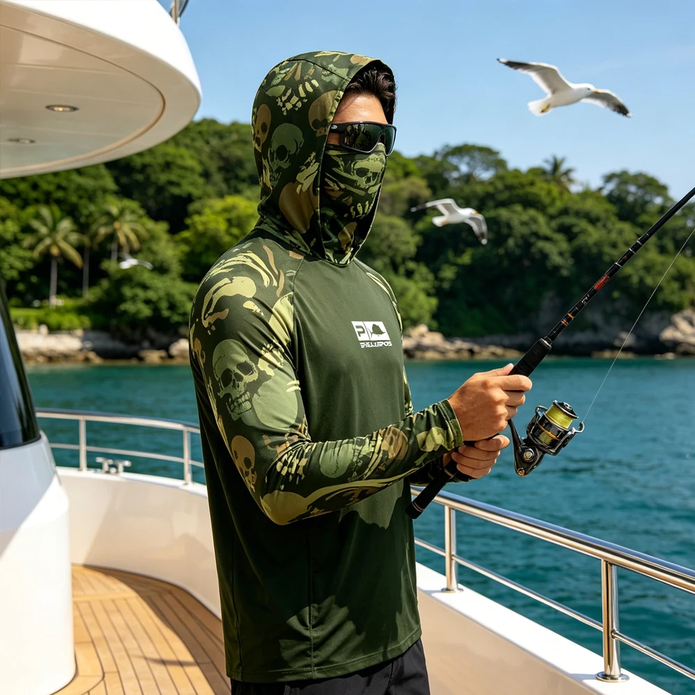 

Men Casual Wear Long Sleeve UPF50+ Fishing Hoodie With Face Mask Quick Dry Breathable Soft Fishing Shirt Outdoor Fishing Clothes