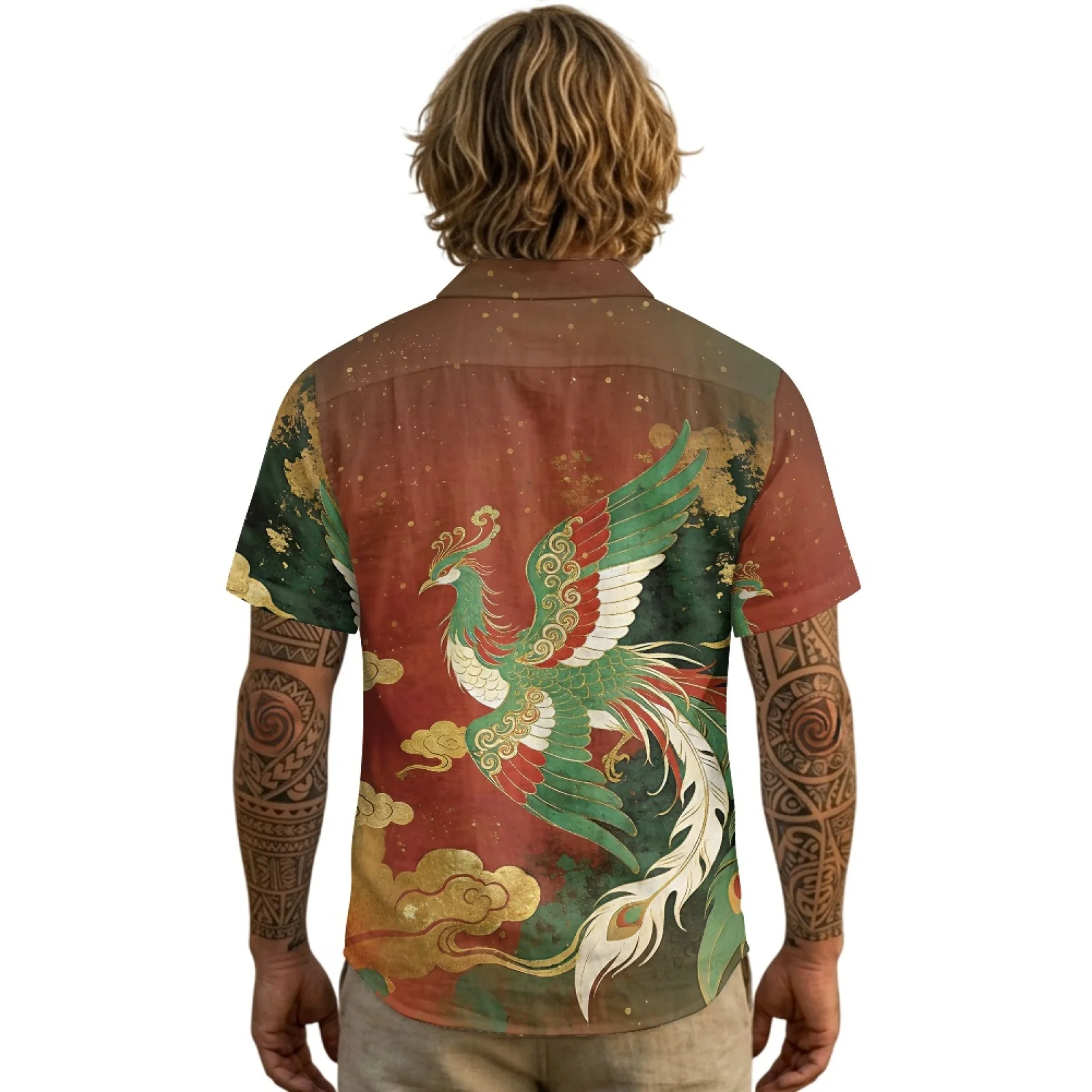 PENSTROLL Green Phoenix Pattern Linen Like Hawaiian Shirt Button Down Hawaiian T Shirts for Men for Male S-3XL