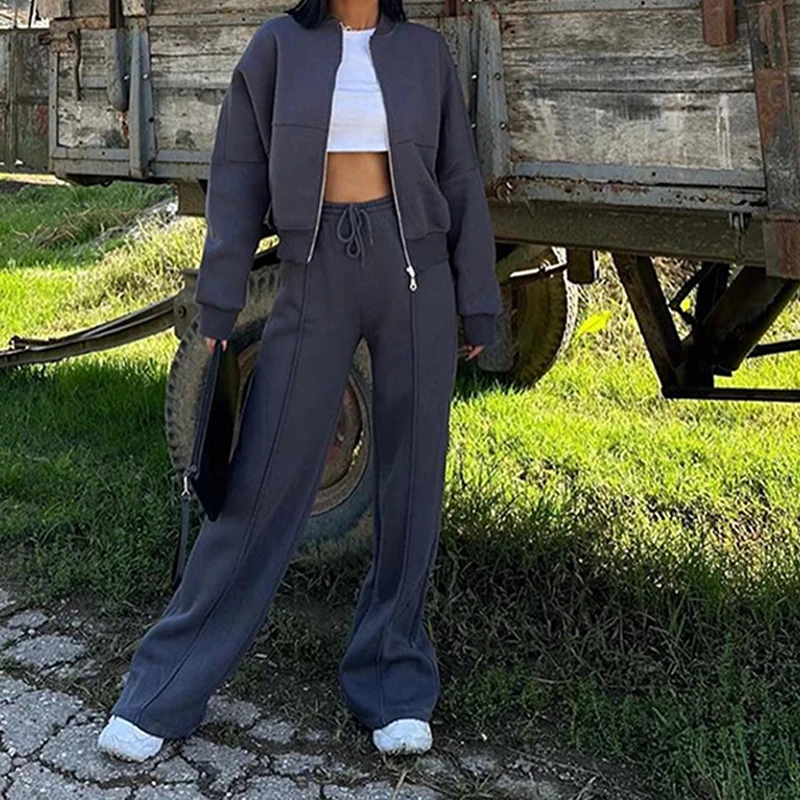 

OMSJ женский спортивный костюм на молнии с длинными рукавами, короткая куртка, топы + брюки на шнурке, однотонные модные уличные костюмы для бега в тренажерном зале