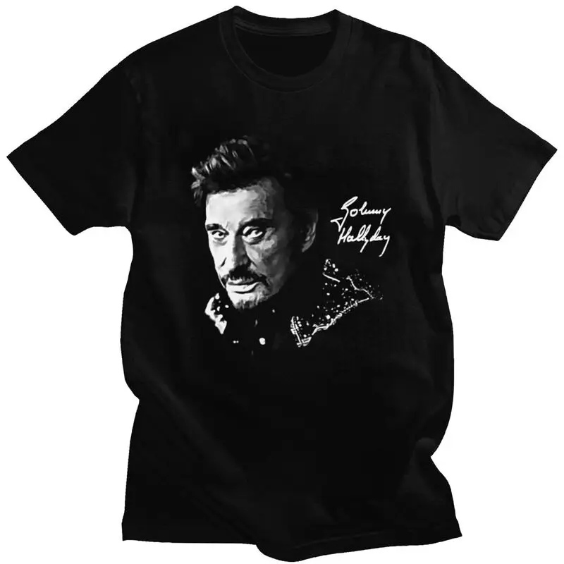 Custom French Rock Legend Johnny Hallyday T Shirts for Men Pure Cotton Tees Tshirts Casual T-shirt