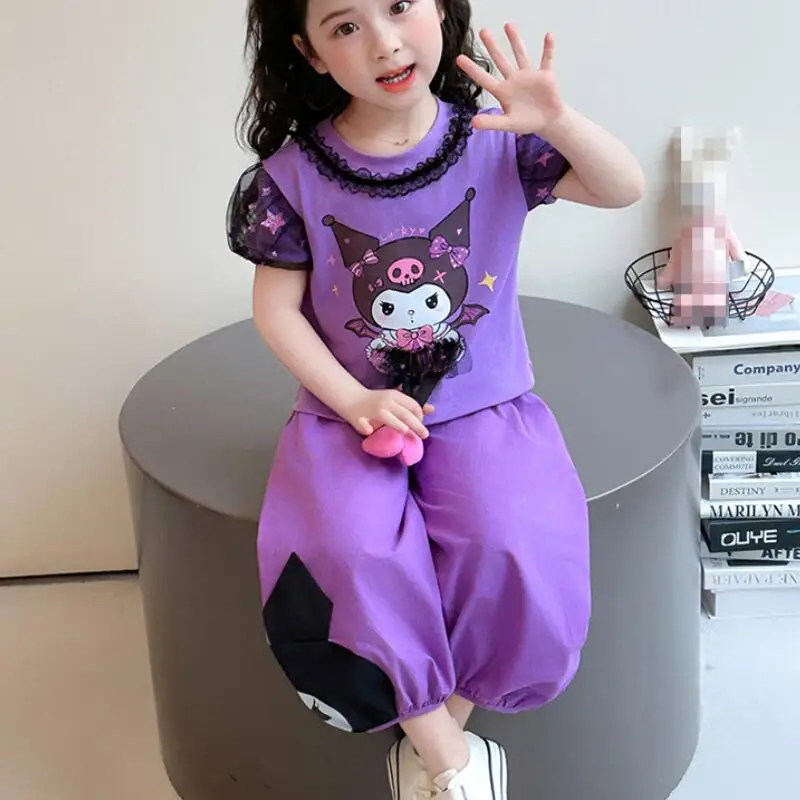 

Girls Summer Lace Short-Sleeved Trouser Suit New Children's T-Shirt Bloomer Two-Piece Set Fashionable Soft Breathable Sportswear