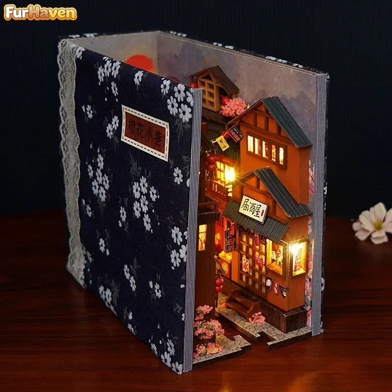 DIY Wooden Japanese Store Book Nook Shelf Insert Kits Miniature Dollhouse with Furniture Cherry Blossoms Bookends Toys Gifts