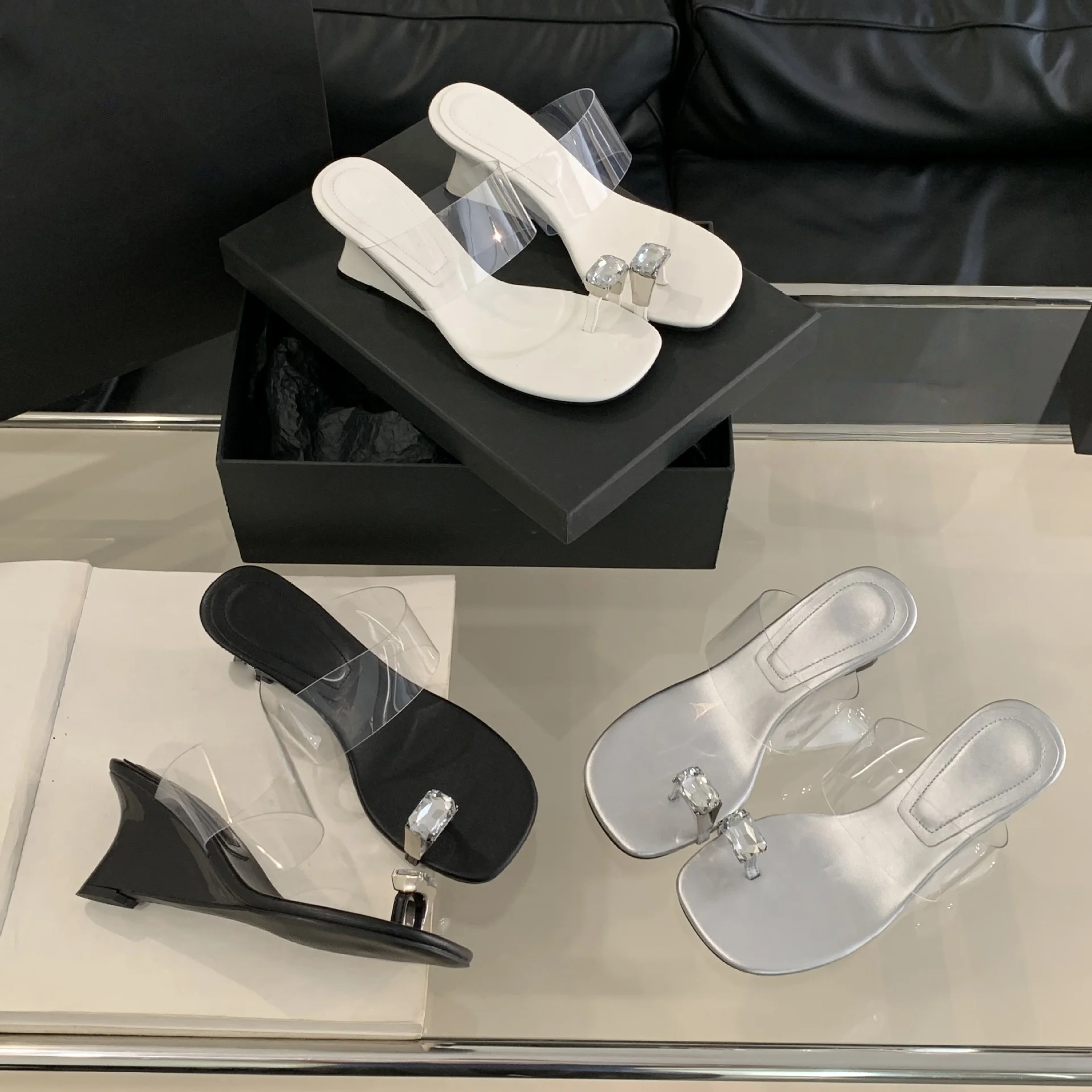 Fashion Square Toe Rhinestone High Heels Slippers Summer Clip Toe Slip On Flip Flops Casual Solid Shallow Mouth Party Footwear
