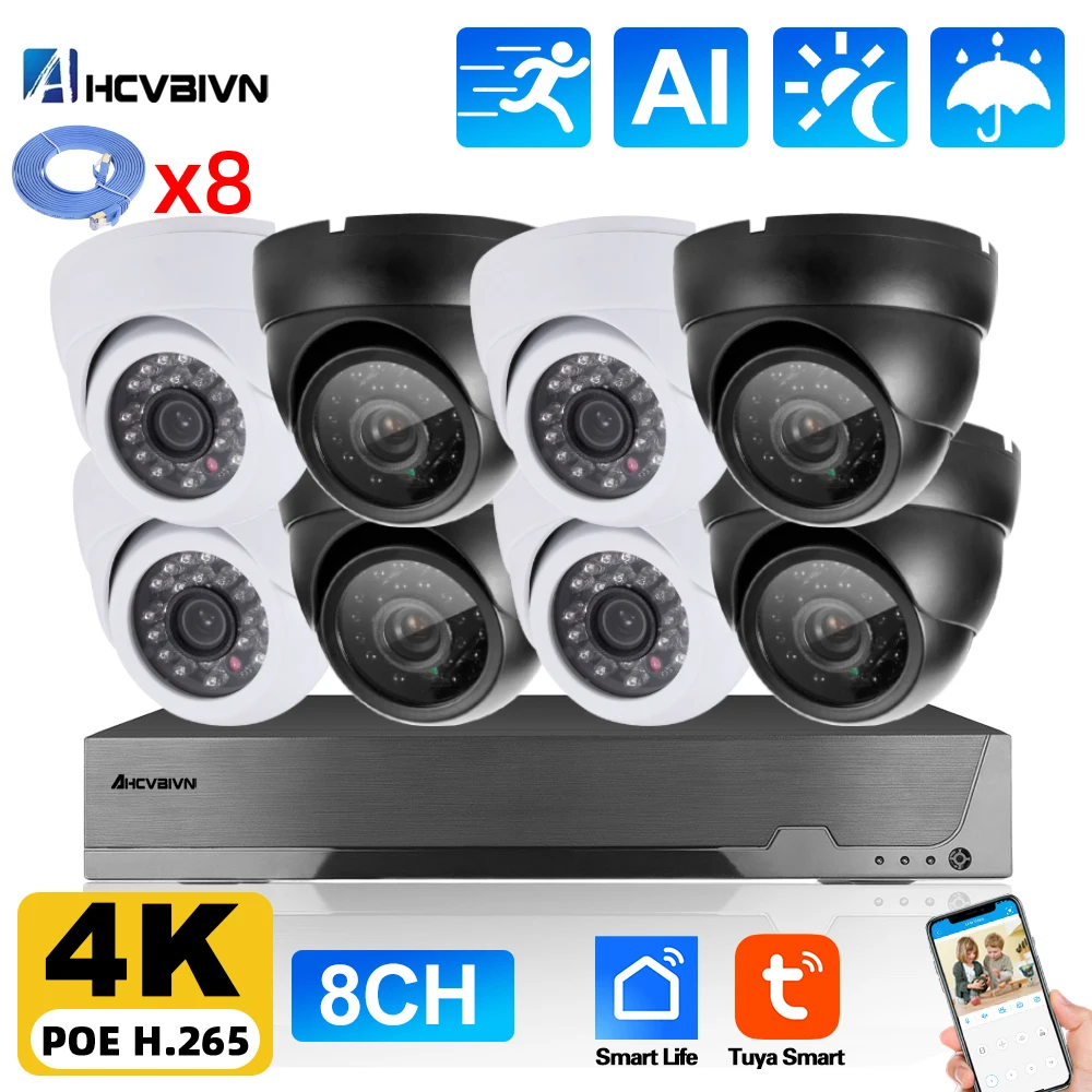 

Tuya 4K HD 8MP Security Camera System POE NVR Kit 8CH Indoor Home CCTV Ceiling Metal Dome IP Camera Vdieo Surveillance Kit 4CH