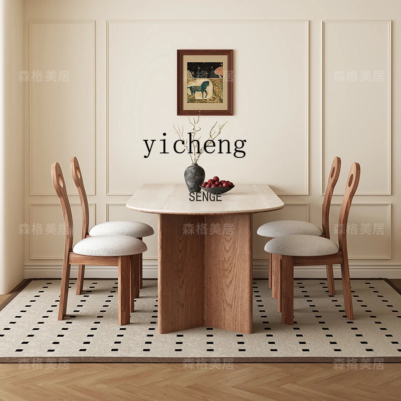 YFY  rock slab cave stone dining table household small apartment light luxury cream semi-circular rectangular solid wood