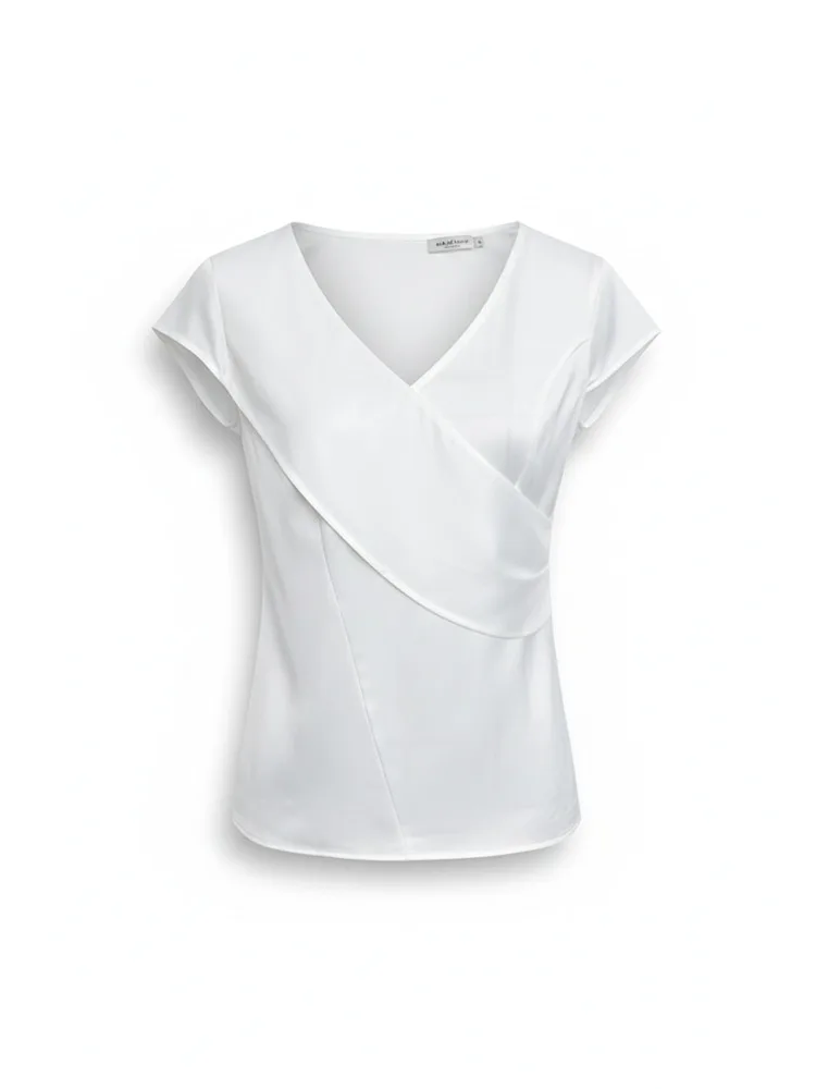 

Freeacy Women's White Satin V-Neck Wrap Detail Short Sleeve Blouse Luxury Elegant Workwear Top 2026 New Asymmetric T-shirt Tops