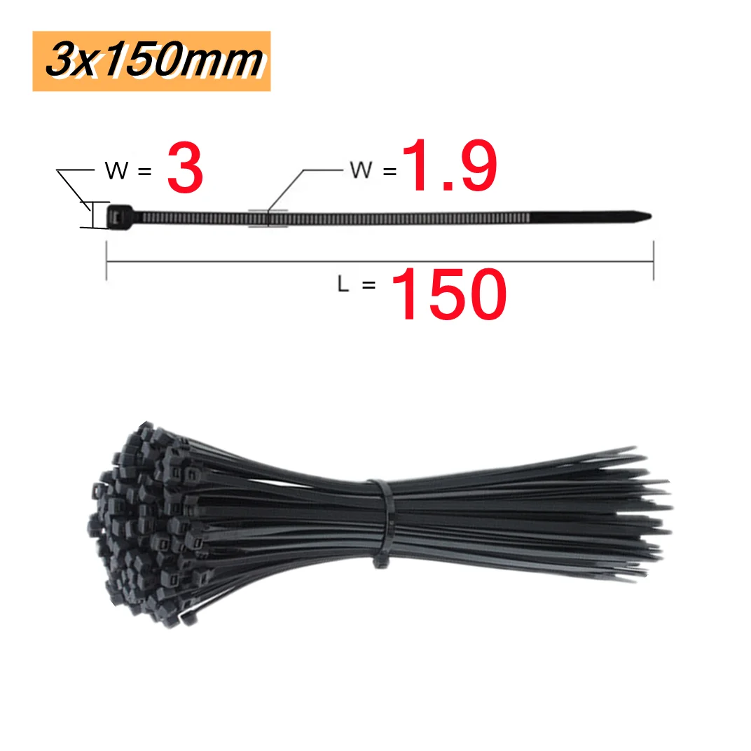100 Stück selbstsichernde Kunststoff-Nylon-Kabelbinder, 100 Stück schwarze Kabelbinder, Befestigungsring, Kabelbinder, Zip-Wraps, Nylon-Kabelbinder-Set – Detail 10