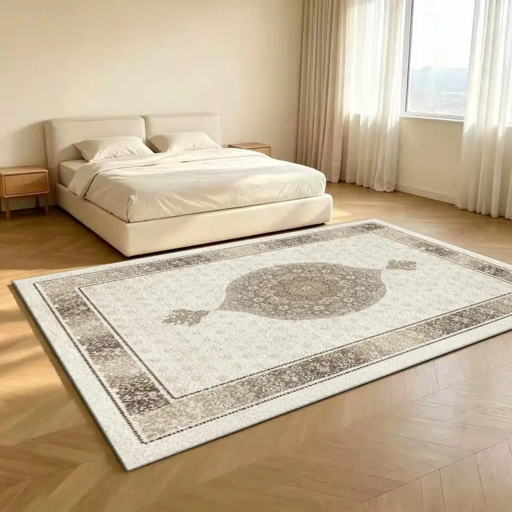 Vintage Light Beige Distressed Medallion Area Rug, Non-Slip Washable Square Carpet for Living Room Bedroom Indoor Home Decoration