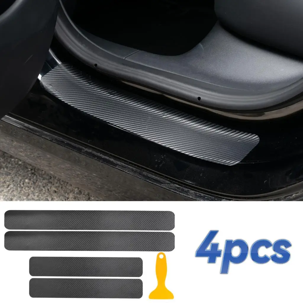 4Pcs 3D Carbon Fiber Car Stickers Threshold Anti-kick Protector Strip Auto Door Sill Scuff Plate Anti Scratch Cover Tool+Scraper