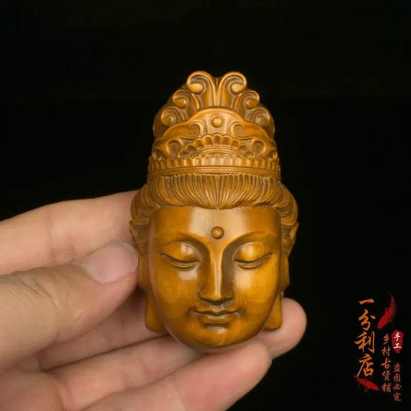 Hand Carved Wood Guanyin bodhisattva head Statue Figurine Desktop Ornaments Home Decoration