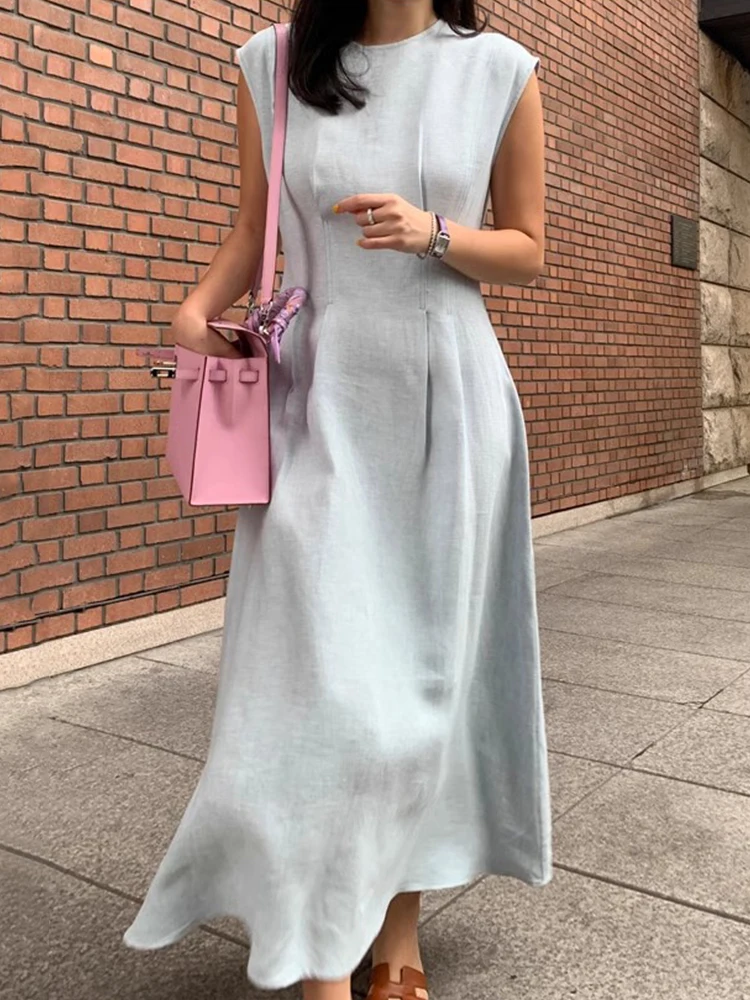 Elegant Temperament O Neck Vestidos Pleated Waist Slim Korea Chic Summer Design Robe Long Sleeveless Vest Dress Female