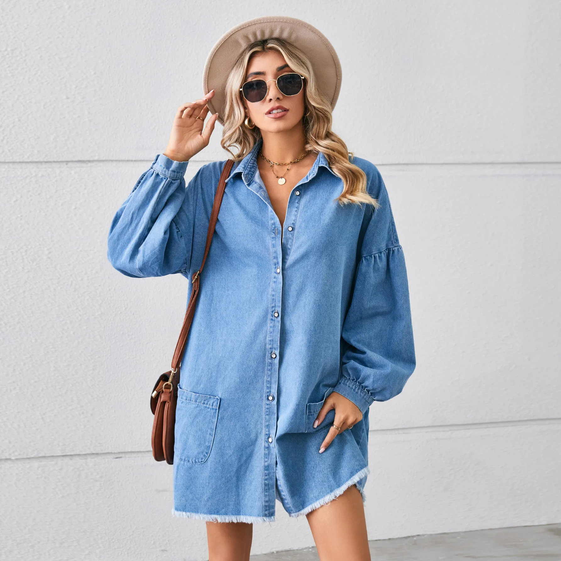 New Loose Denim Long-sleeved Rough Selvedge Dress, Women's Casual Lapel Denim Dress with Pockets for Spring and Autumn Vestidos