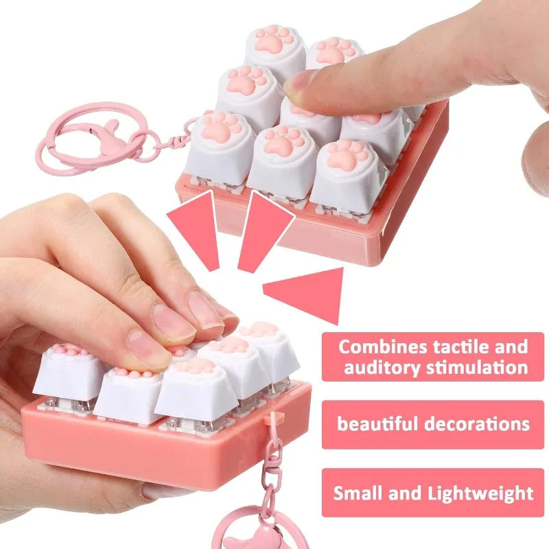 9Keys Cat Paw Keycap Fidget Keychain, LED Light Mechanical Keyboard Keyring for Stress Relief Gift for Women Men Teens Gamer