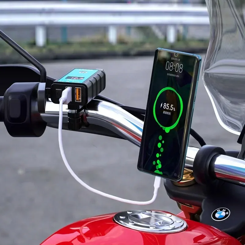 

3.4A Fast Charging Motorcycle Dual USB Charger SAE to USB Type-C Adapter Waterproof Plug with Voltmeter ON Off Switch Disconnect