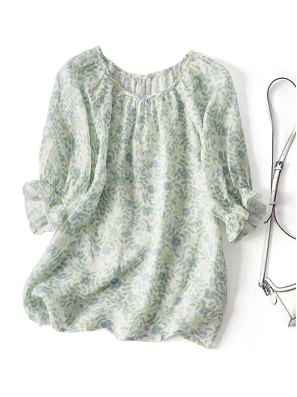 

Retro Print Bubble Svel Loose Lightweight Summer Sun Protection irt Women's Ele Doll Top Cotton Blend Blouse