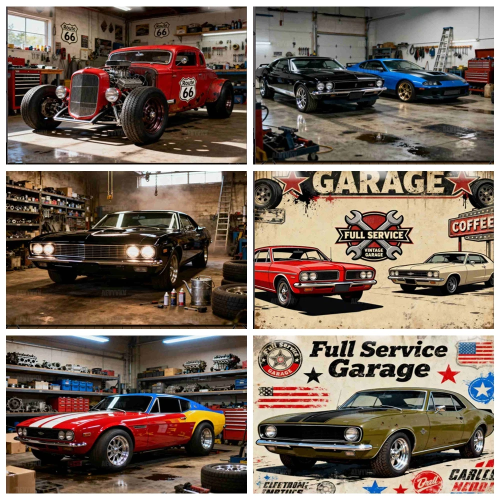 

Vintage Route 66 Garage Photography Backdrop with Classic Red Car for Auto Mechanic Themed Birthday Party Photo Booth Backgroun